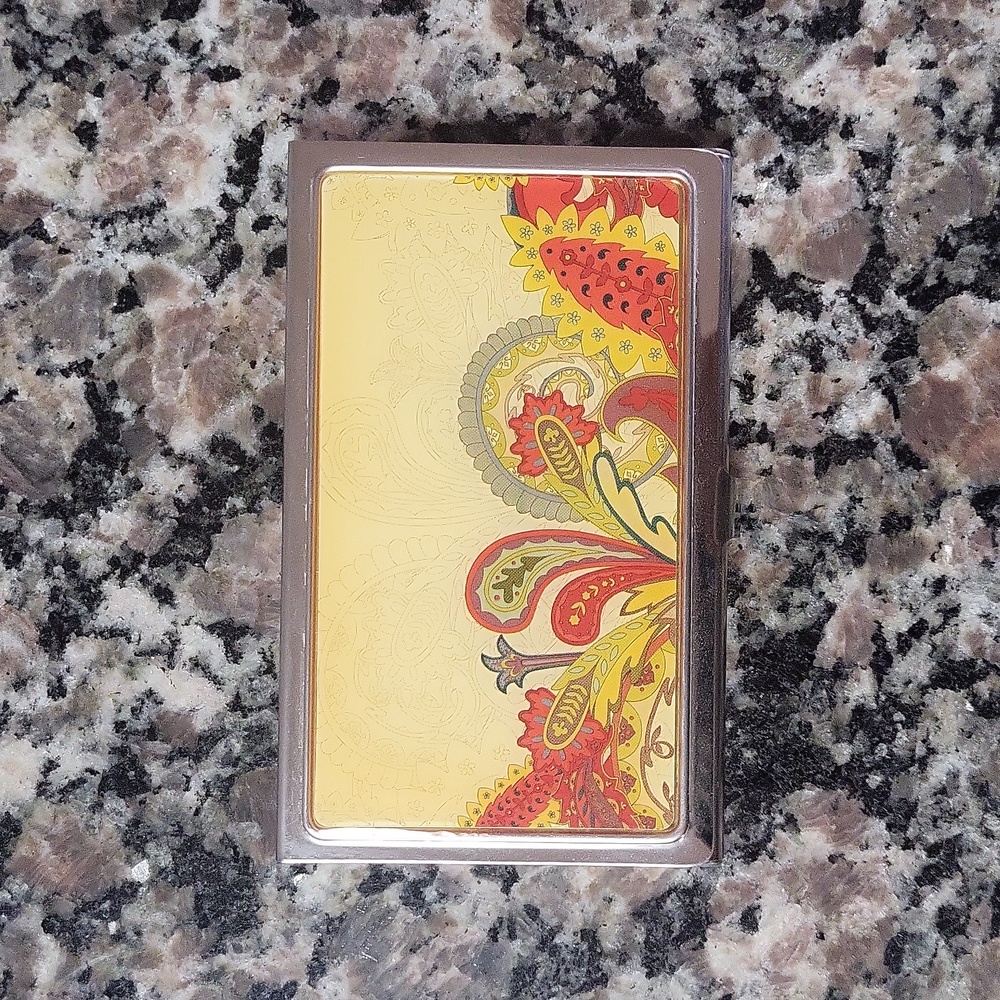 Business card metal holder new with tags w pretty front print